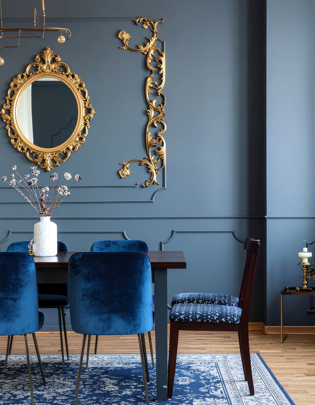 Dark Blue Dining Room With Gold Filigree Mirror - 30 ornate mirror dining room ideas