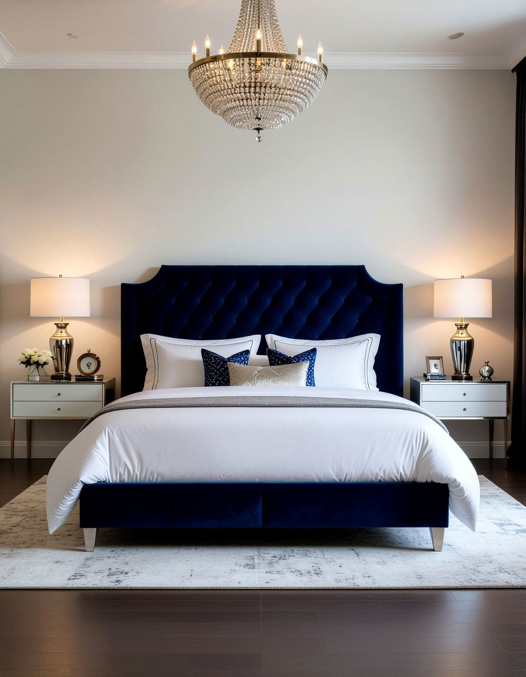 Dark Blue Velvet Headboard - 30 blue and white bedroom ideas