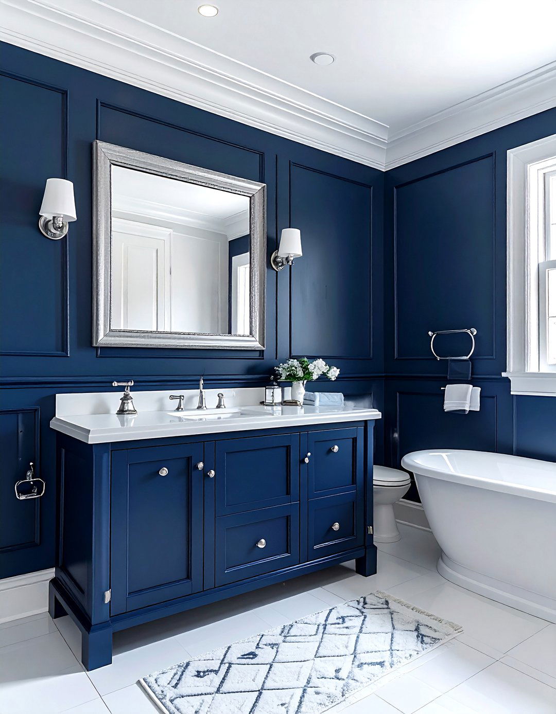 Dark Blue Wainscoting - 30 blue bathroom decor ideas