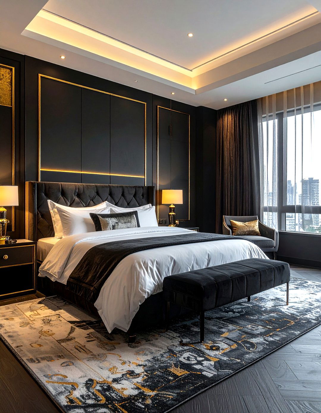 Dark Charcoal And Gold Master Suite - 30 decor color theory ideas