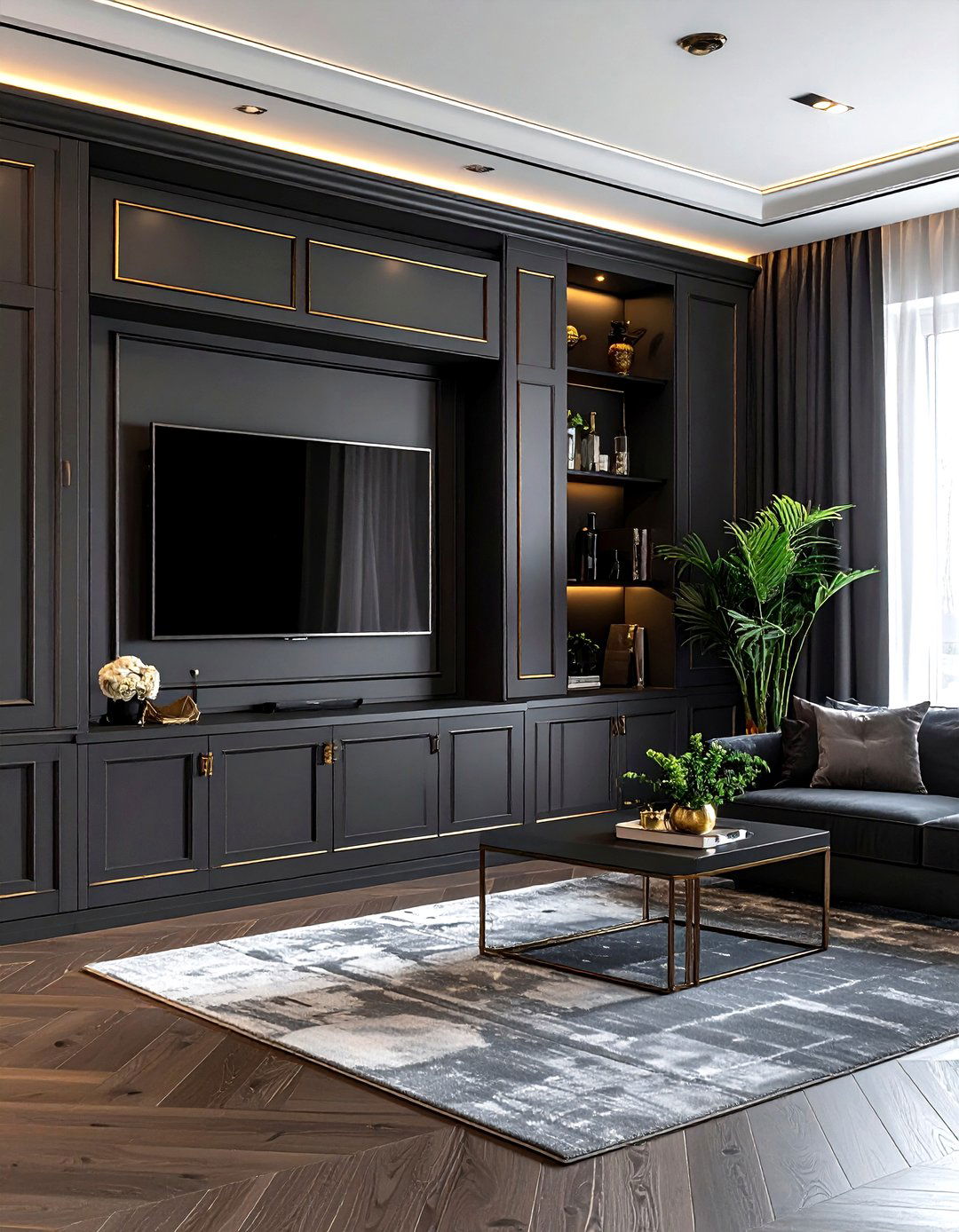 Dark Charcoal Built In Wall With Gold Accents - 30 living room built-in entertainment center