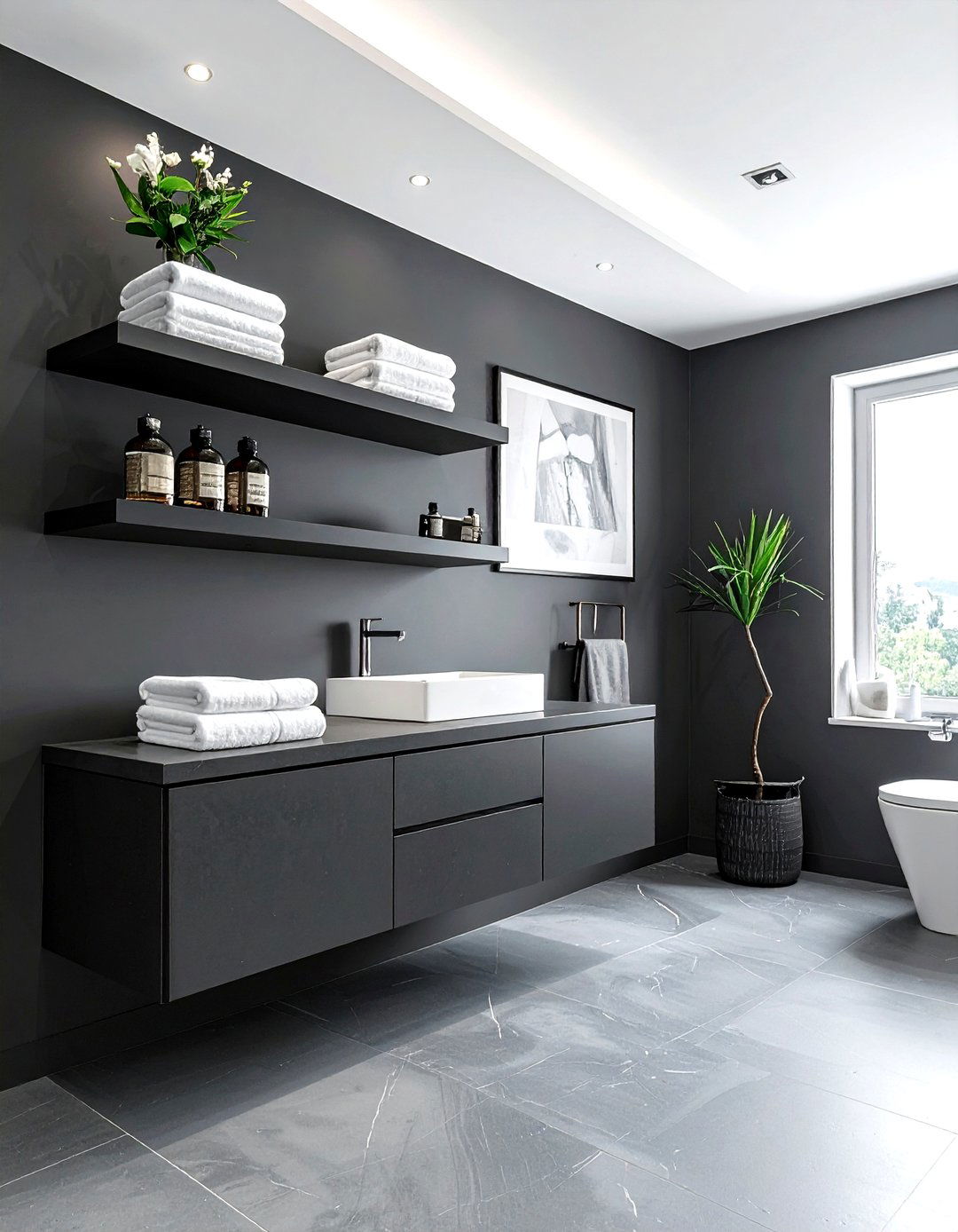 Dark Gray Bathroom Open Shelving - 30 dark charcoal bathroom ideas