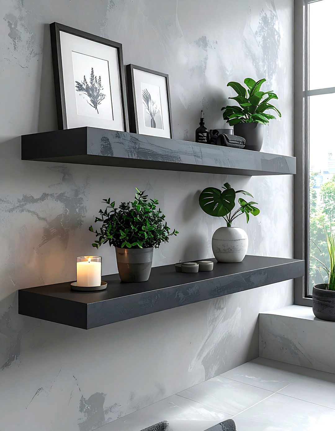 Dark Gray Floating Shelf - 30 gray bathroom accessories ideas