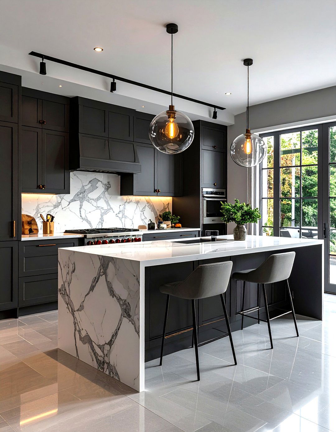 Dark Gray Kitchen With Pendant Lights - 30 gray kitchen design ideas