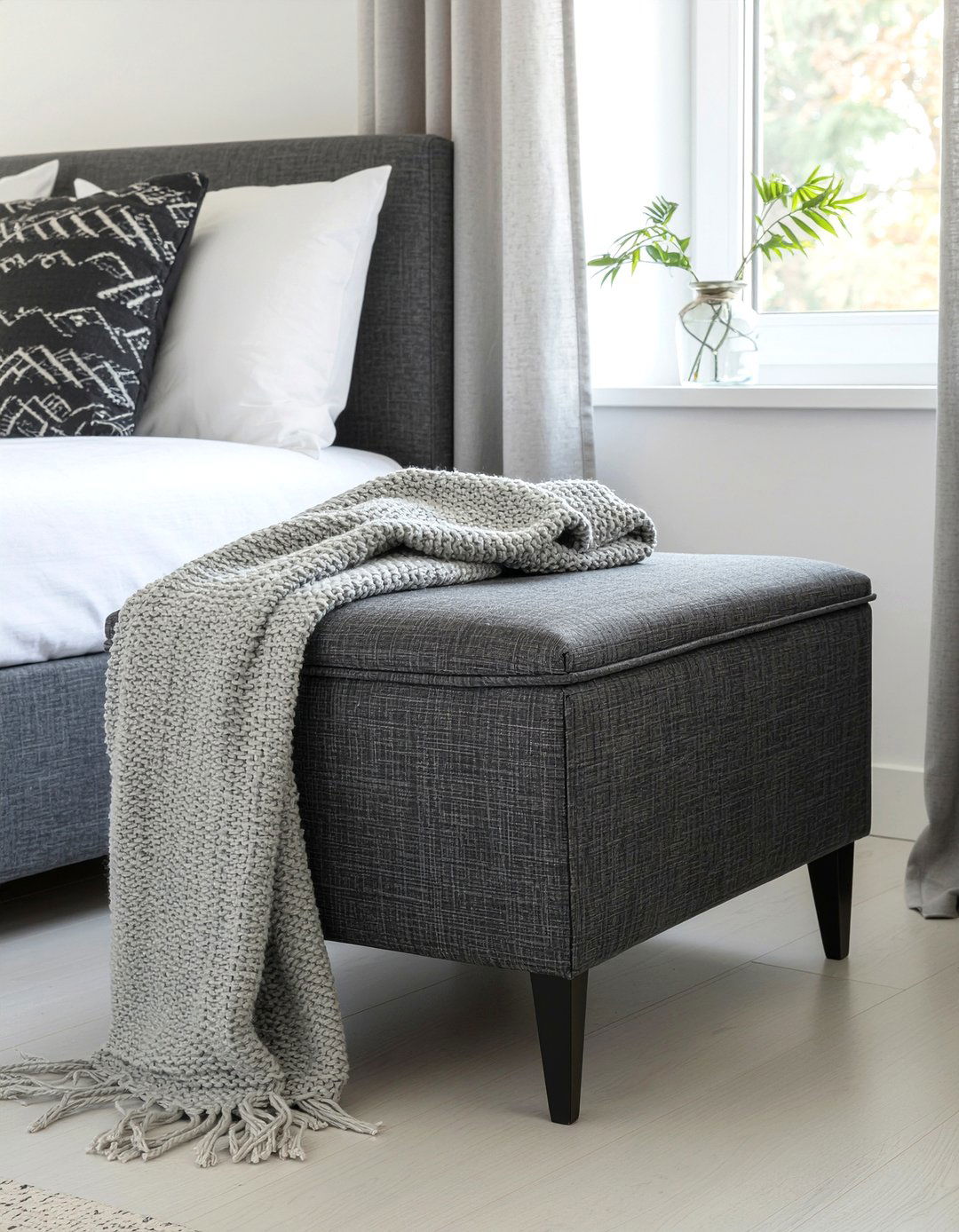 Dark Gray Upholstered Storage Bench - 30 bedroom gray furniture ideas