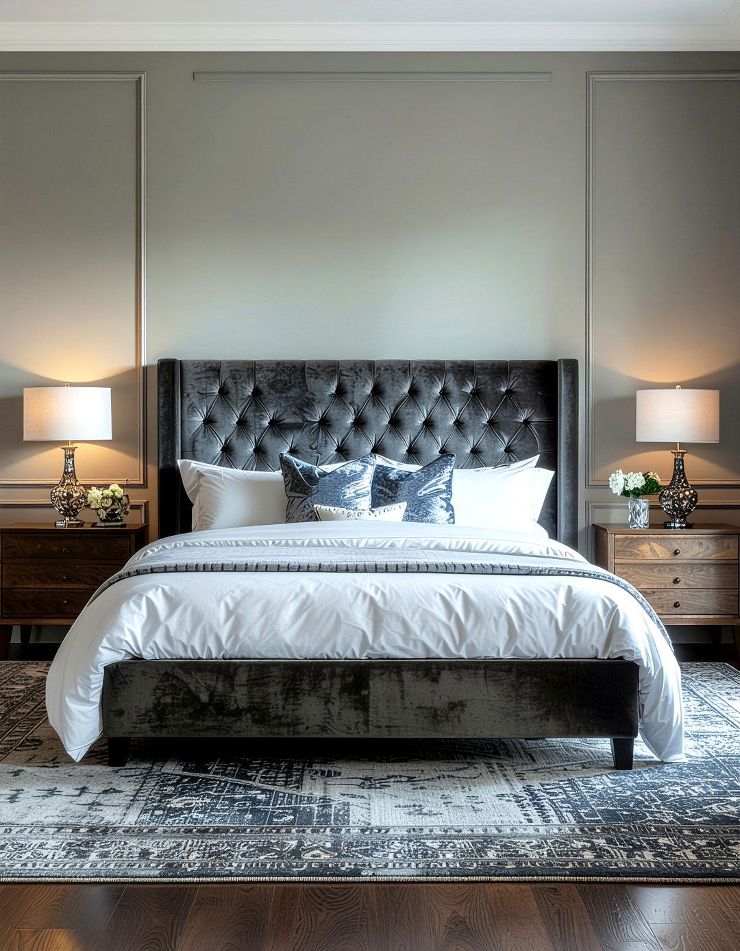 Dark Gray Velvet Headboard - 30 bedroom gray furniture ideas