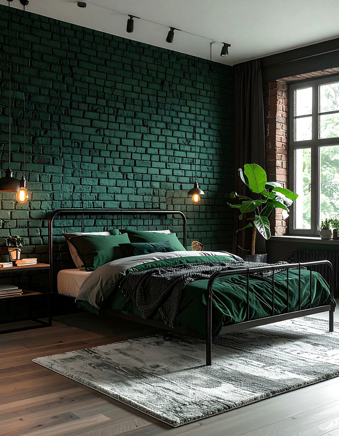 Dark Green Brick Wall - 30 industrial green bedroom ideas