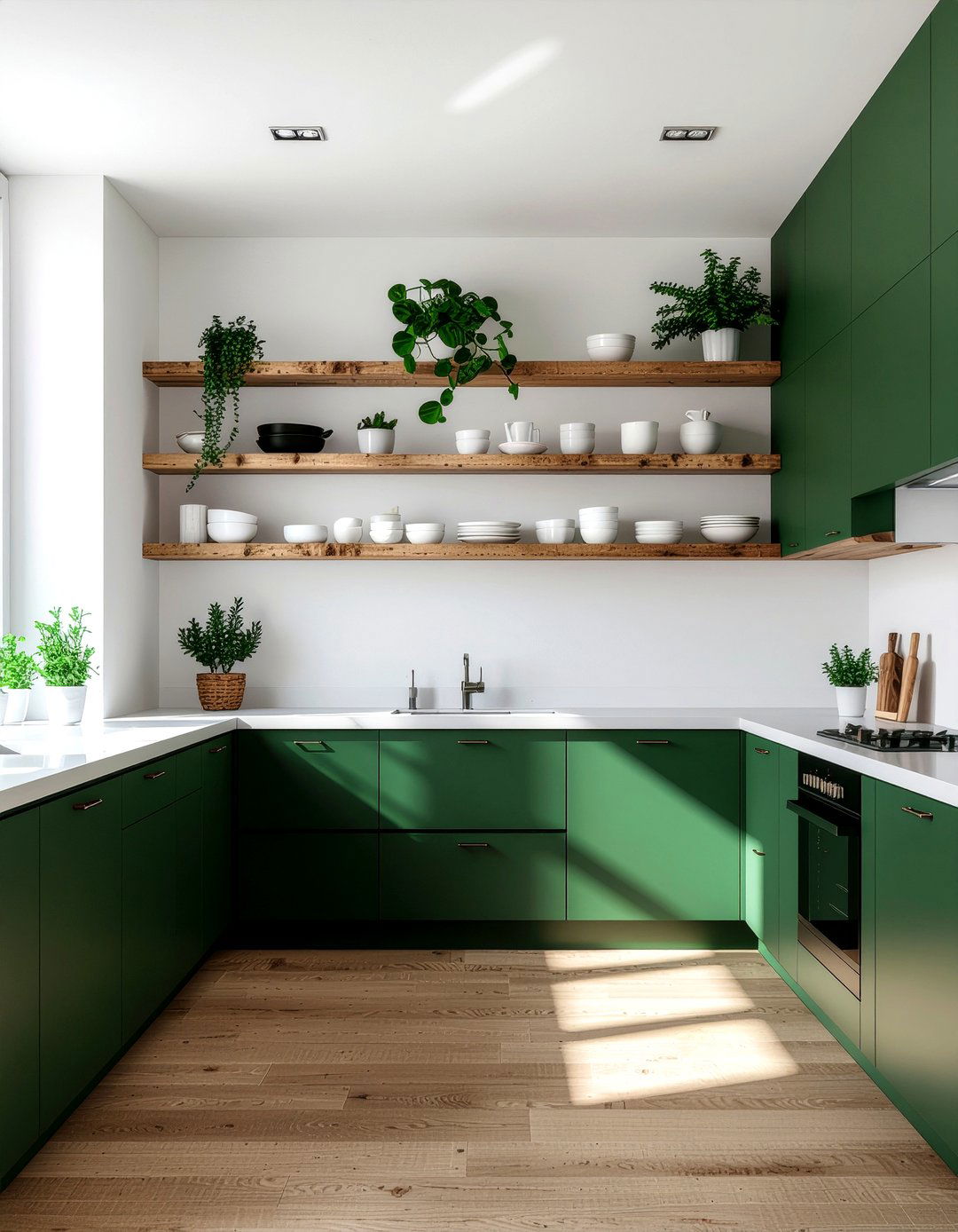 Dark Green Kitchen Open Shelving - 30 emerald green kitchen ideas