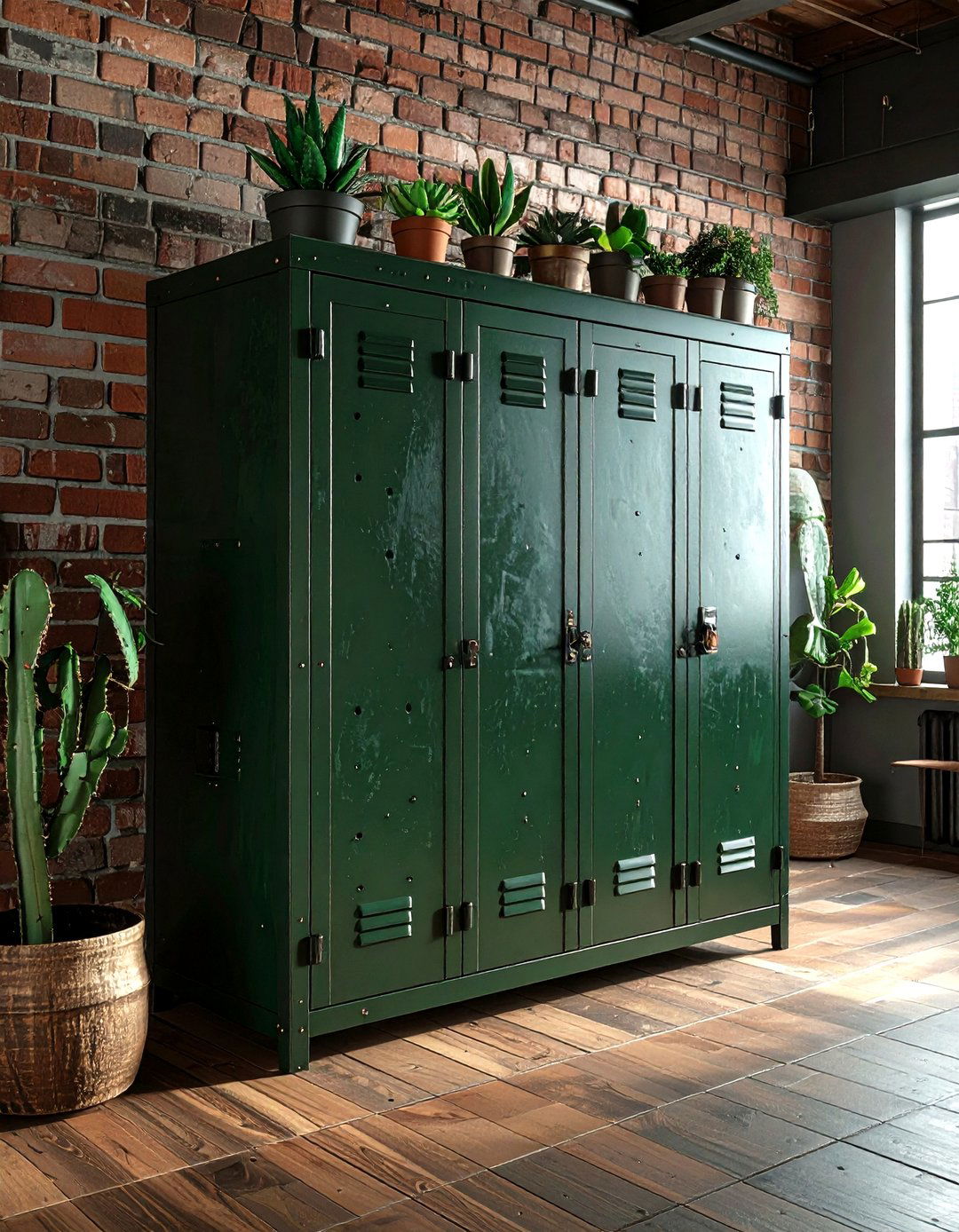Dark Green Metal Locker - 30 industrial green living room ideas