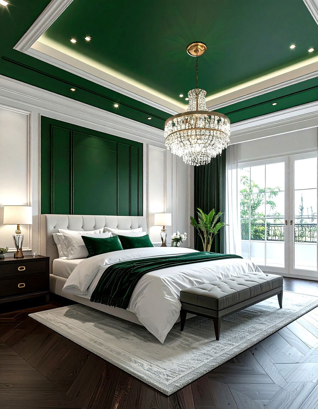 Dark Green Painted Ceiling - 30 emerald and white bedroom ideas