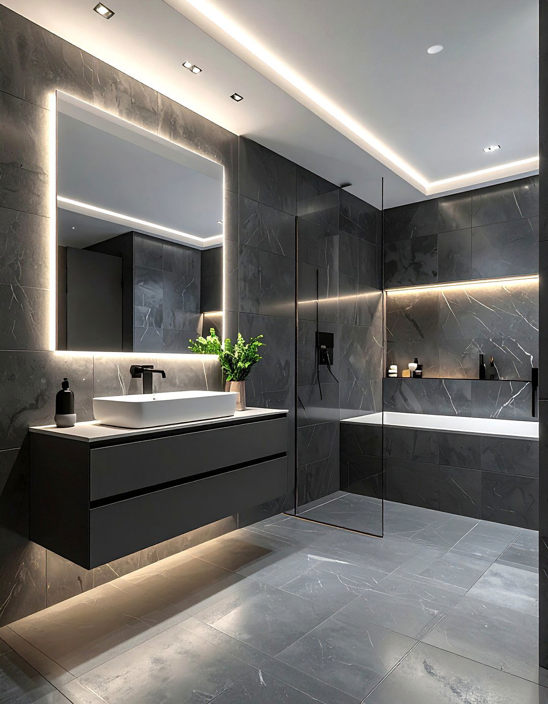 Dark Grey Bathroom With LED Lighting - 30 grey bathroom design ideas