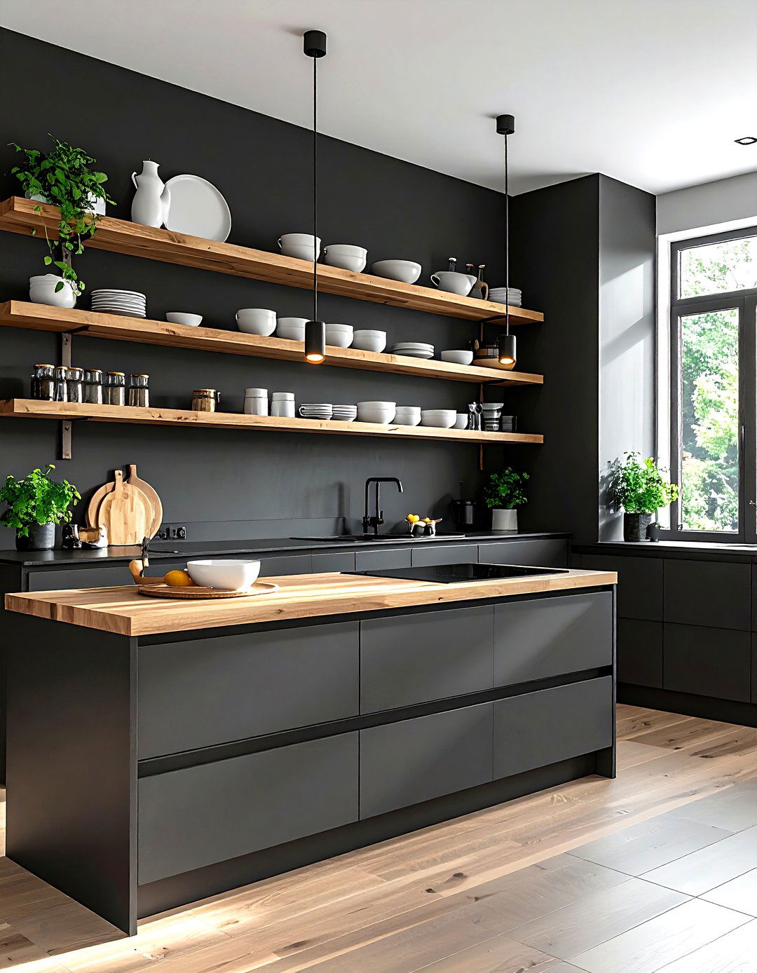 Dark Grey Kitchen With Open Shelving - 30 grey kitchen design ideas