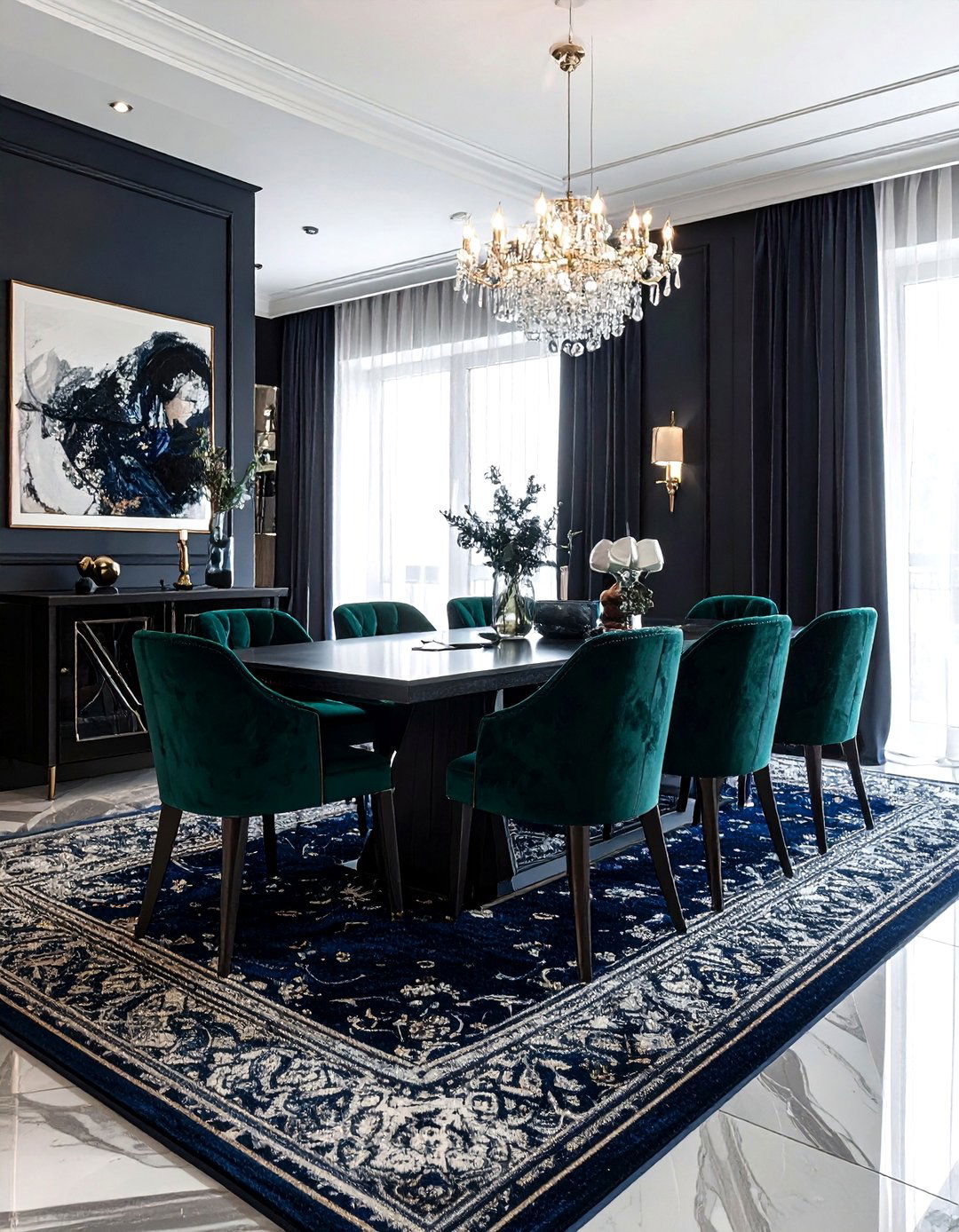 Dark Moody Rug Dining Room - 30 colorful rug dining room ideas
