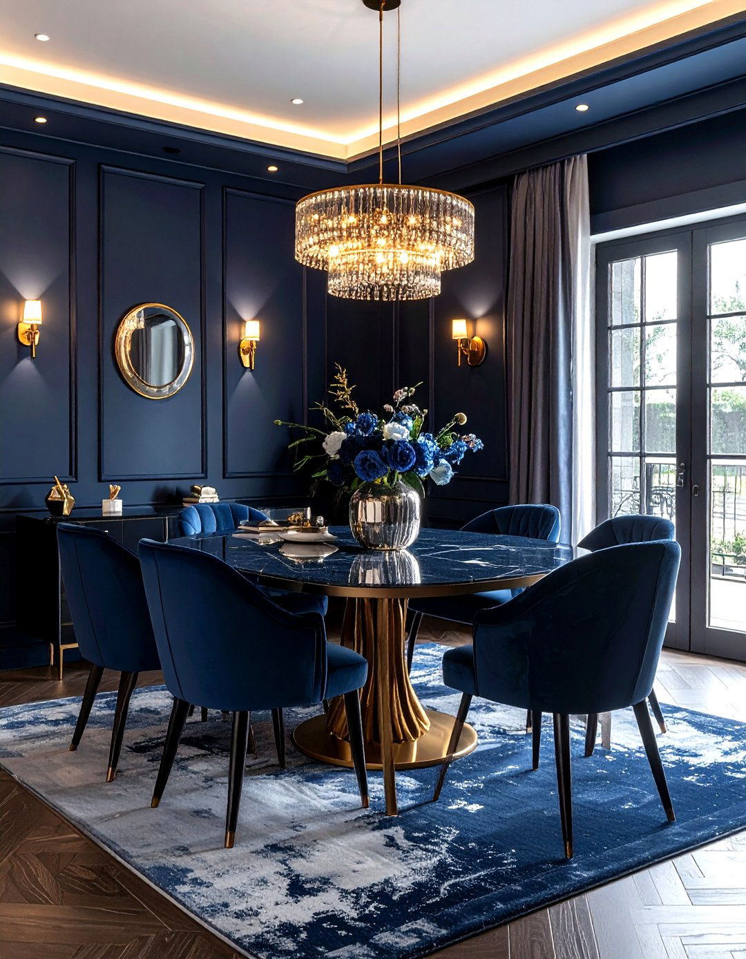 Dark Navy Walls Gold Sconces - 30 navy gold dining room ideas