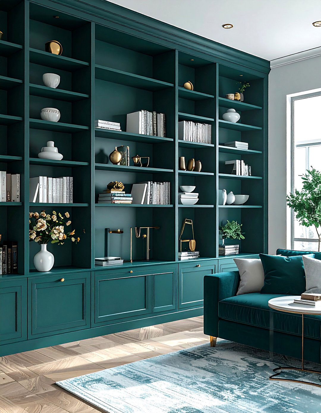 Dark Teal Built In Shelves - 30 contemporary teal living room ideas