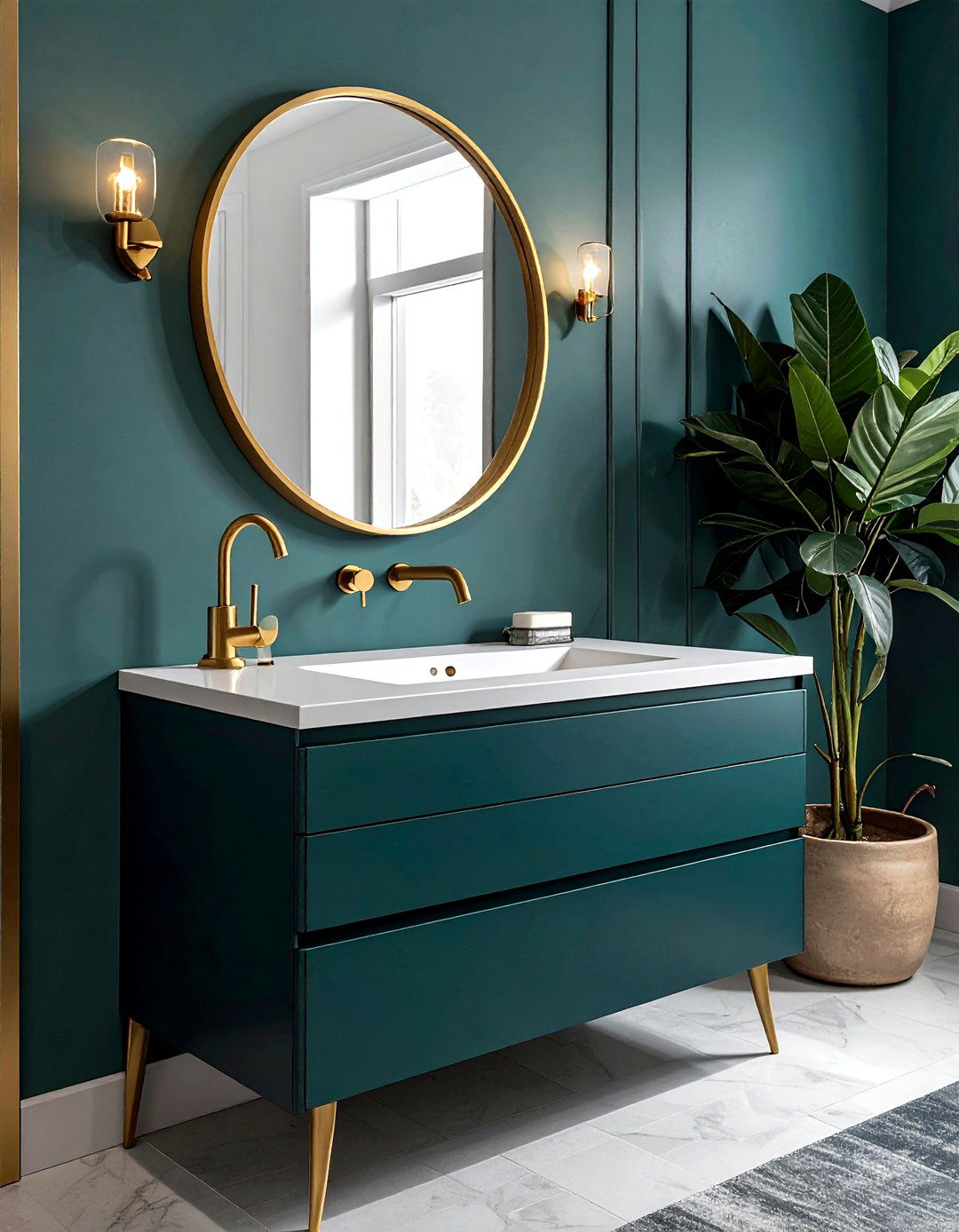 Dark Teal Vanity Gold Faucet - 30 blue and gold bathroom ideas
