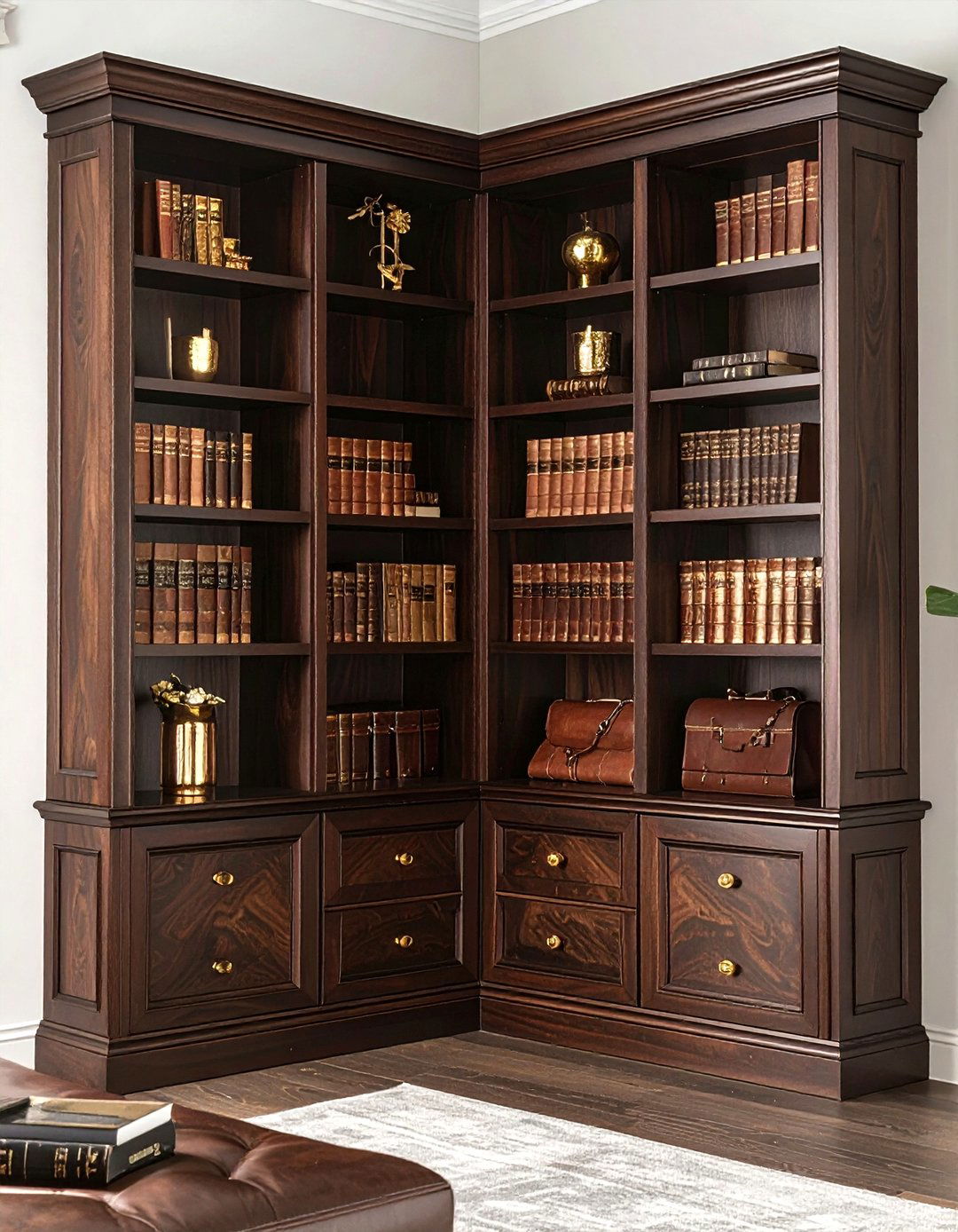 Dark Walnut Corner Bookcase - 30 living room corner shelving ideas