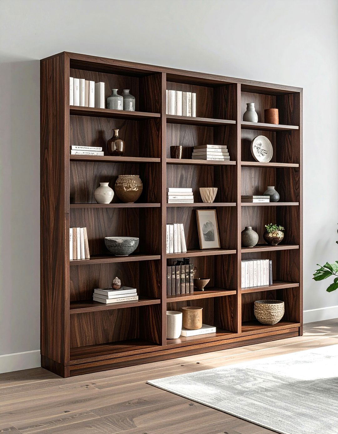 Dark Walnut Wood Bookcase - 30 natural wood decor ideas