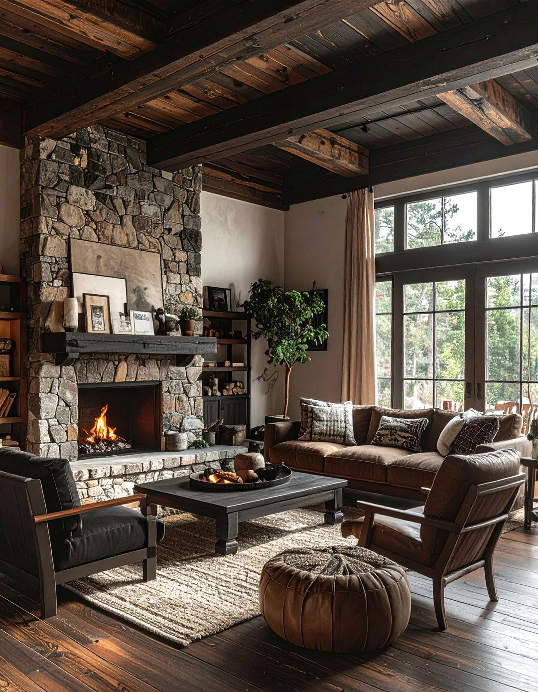 Dark Wood Beams - 30 bohemian black living room ideas
