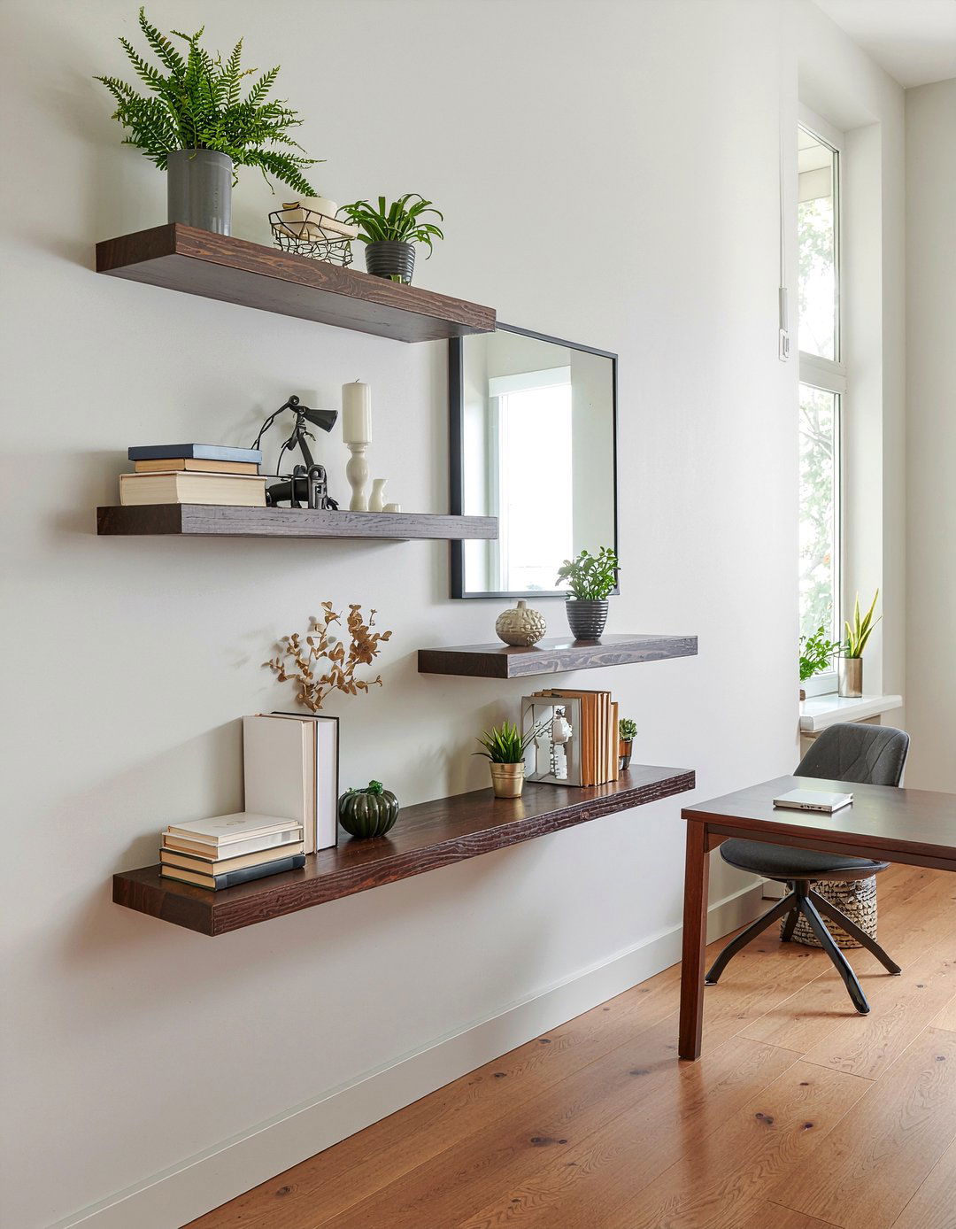 Dark Wood Floating Shelves - 30 espresso living room ideas