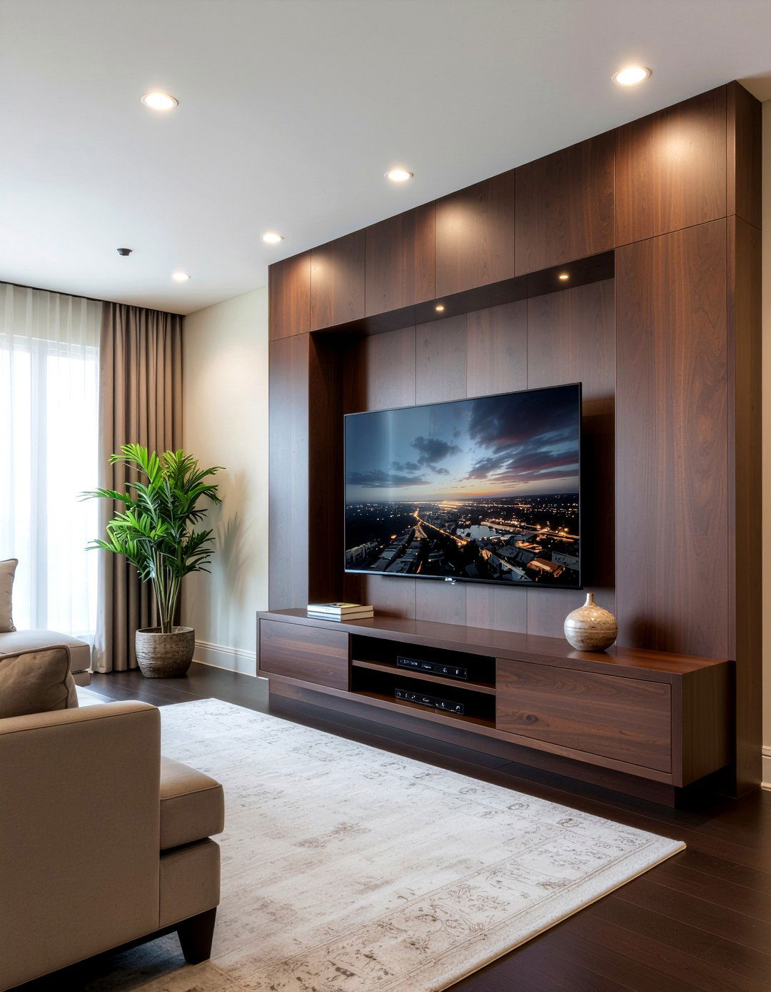 Dark Wood TV Wall - 30 living room tv niche ideas