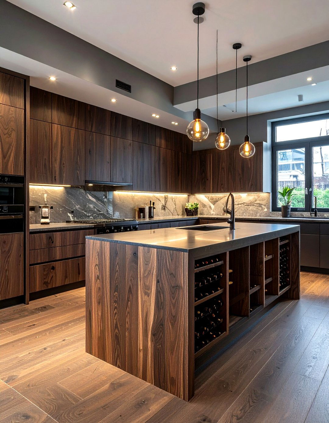 Dark Wood Waterfall Island - 30 waterfall kitchen island ideas