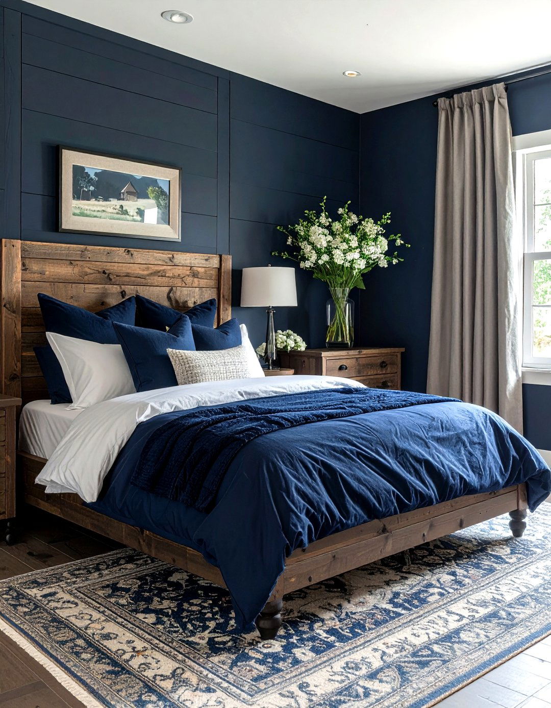 Dark blue farmhouse guest room - 30 farmhouse navy bedroom ideas