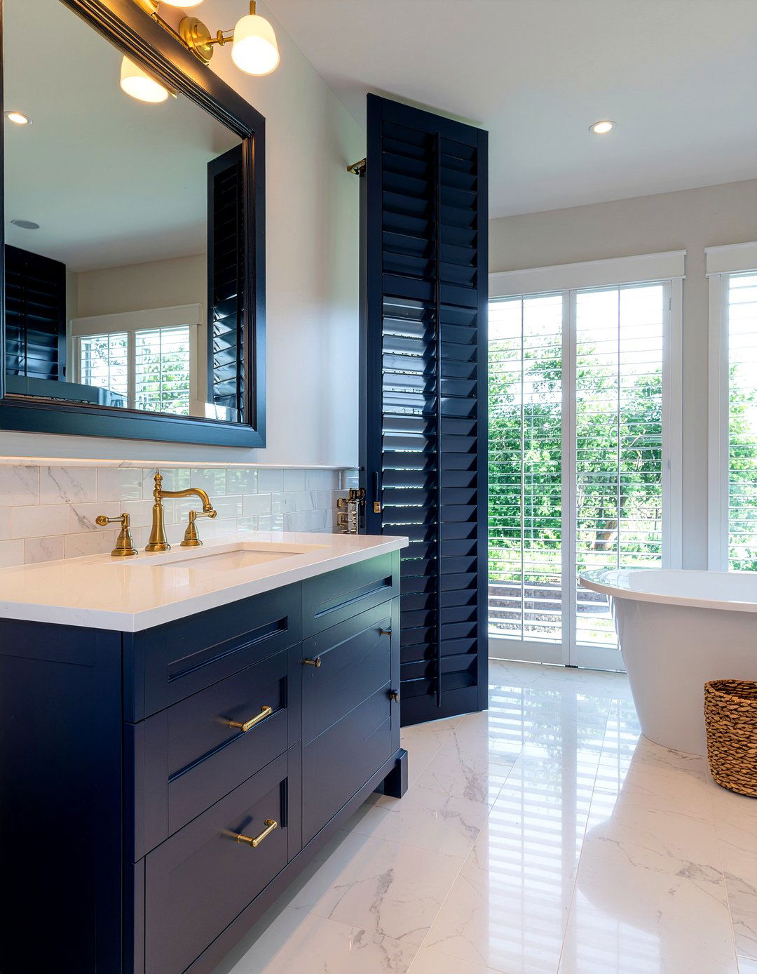 Dark blue shutters - 30 bathroom shutter ideas