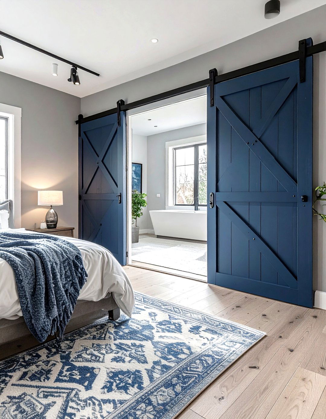 Dark blue sliding barn door - 30 farmhouse navy bedroom ideas