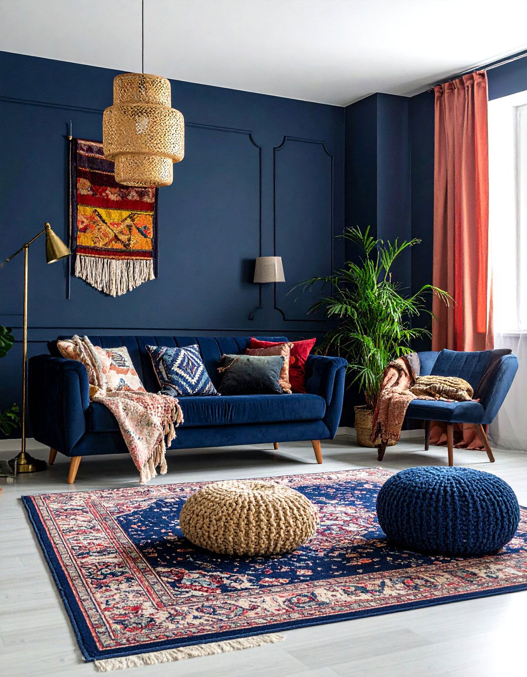 Dark blue walls boho style - 30 bohemian navy living room ideas