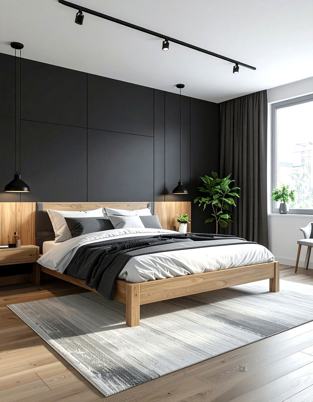 Dark charcoal accent wall - 30 scandinavian grey bedroom ideas
