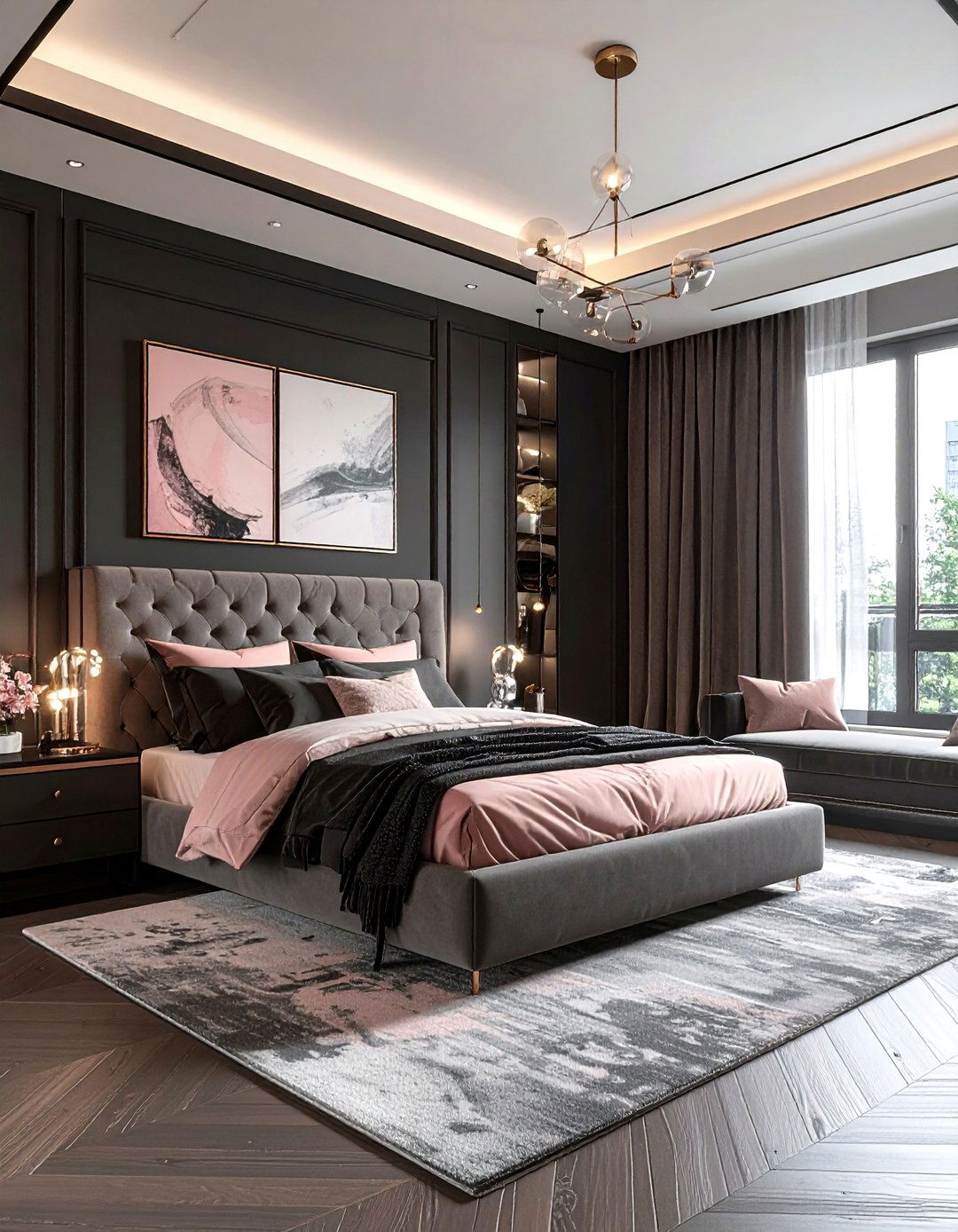 Dark charcoal and blush bedroom - 30 pink gray bedroom ideas