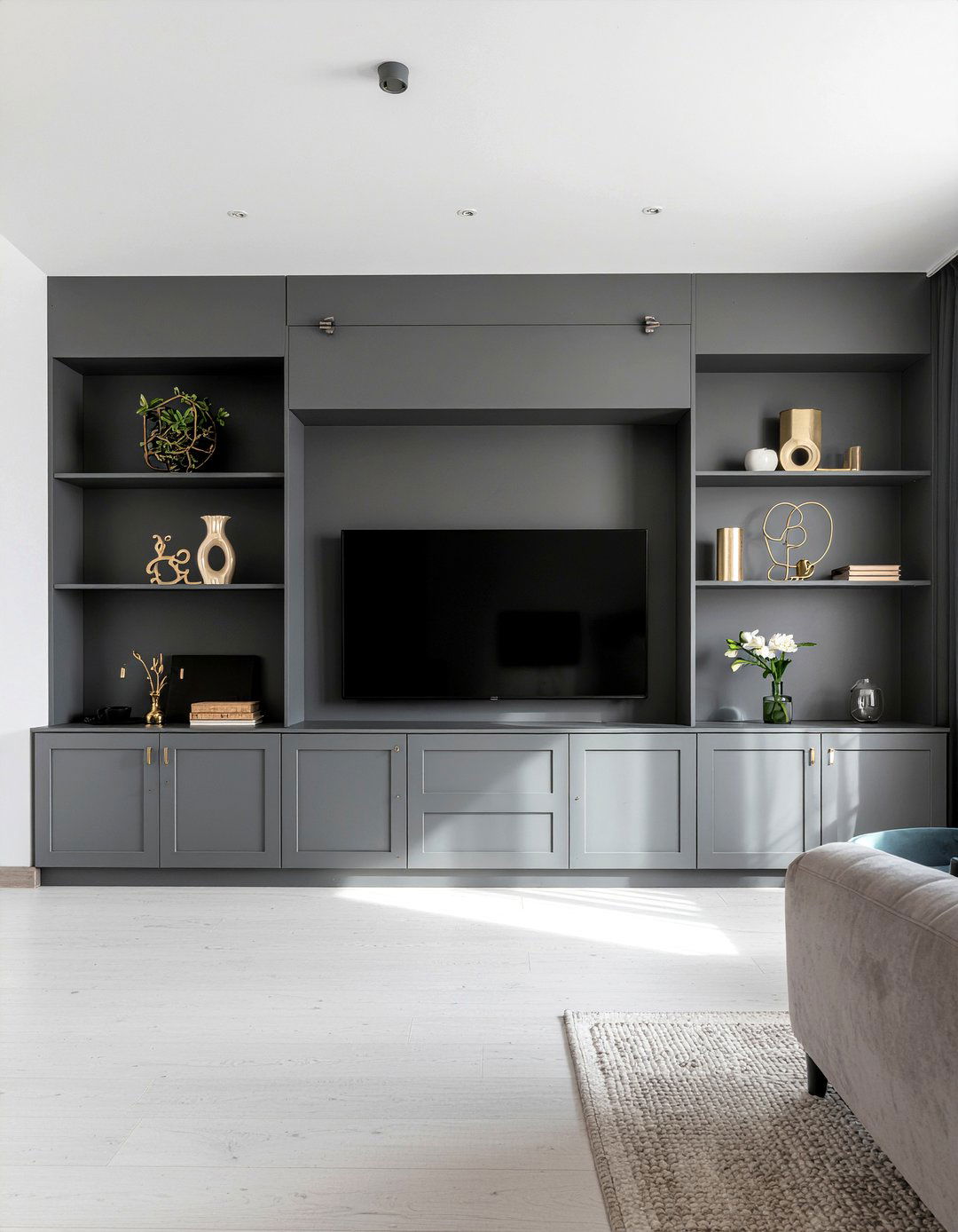 Dark charcoal media console wall - 30 living room wall unit ideas