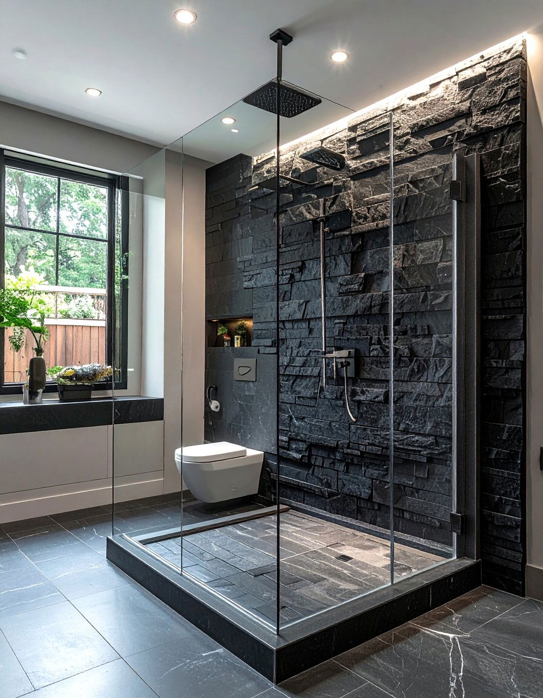 Dark charcoal stacked stone shower - 30 stacked stone bathroom ideas