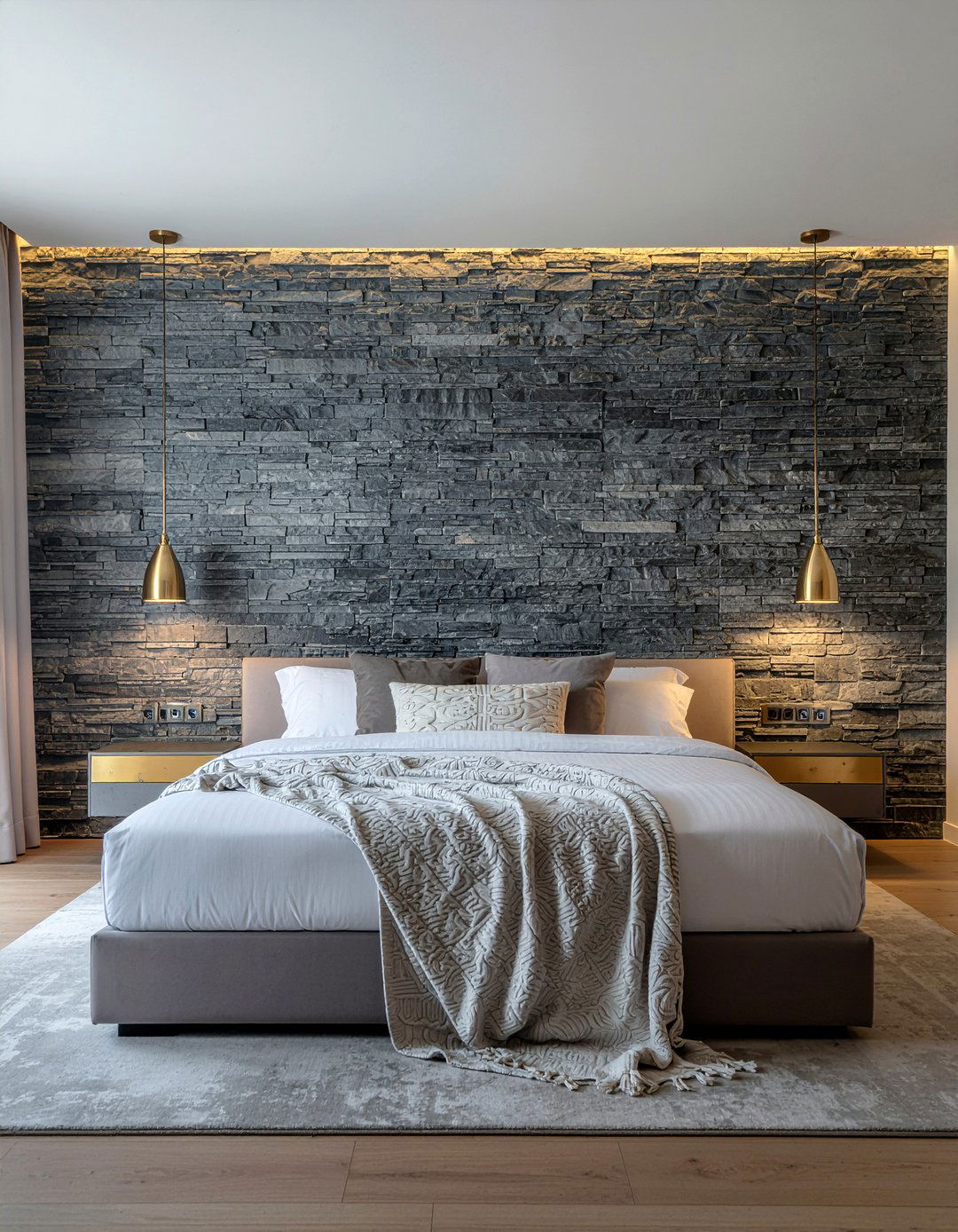 Dark charcoal stone wall - 30 bedroom stone wall ideas