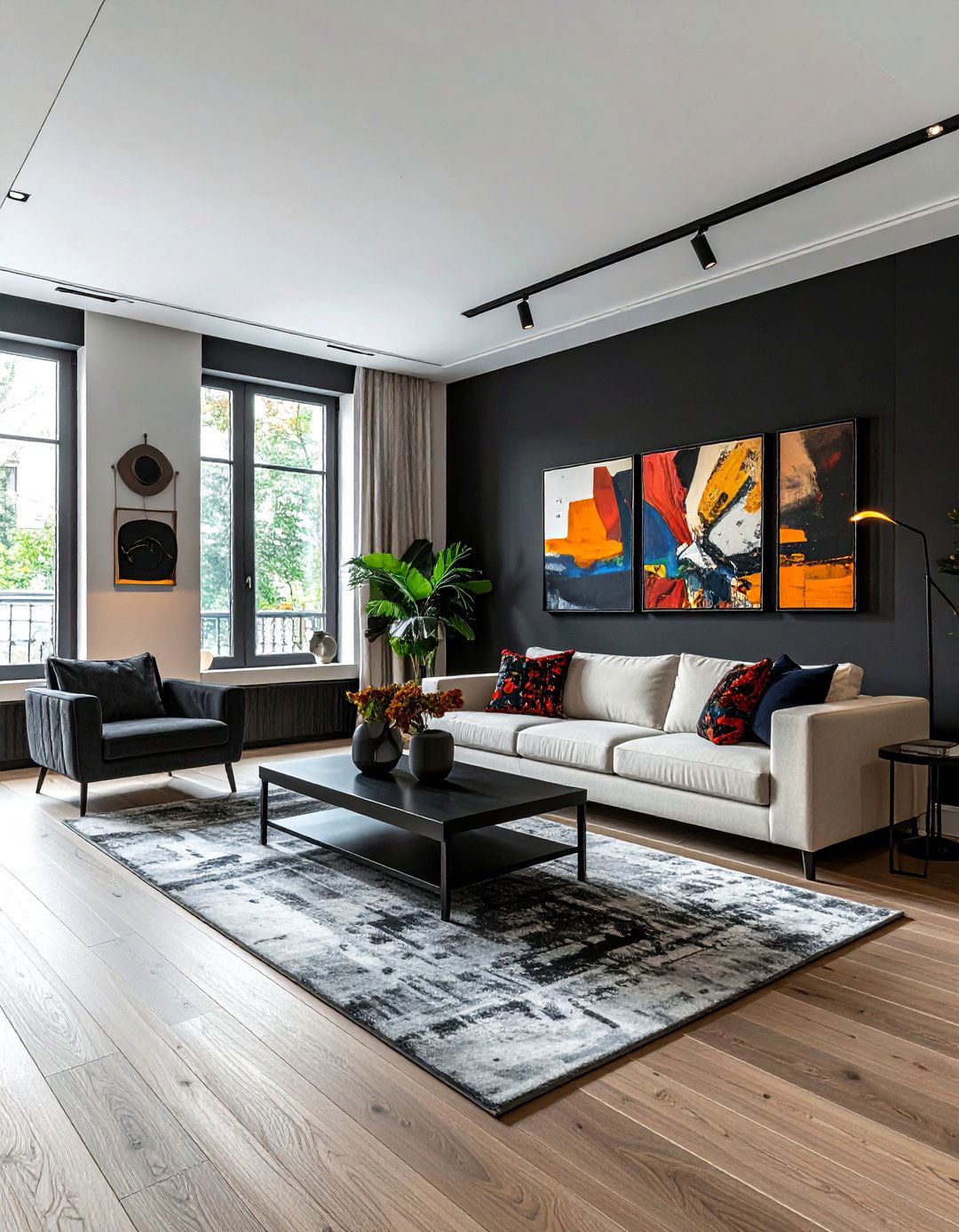 Dark charcoal walls - 30 black living room decor ideas