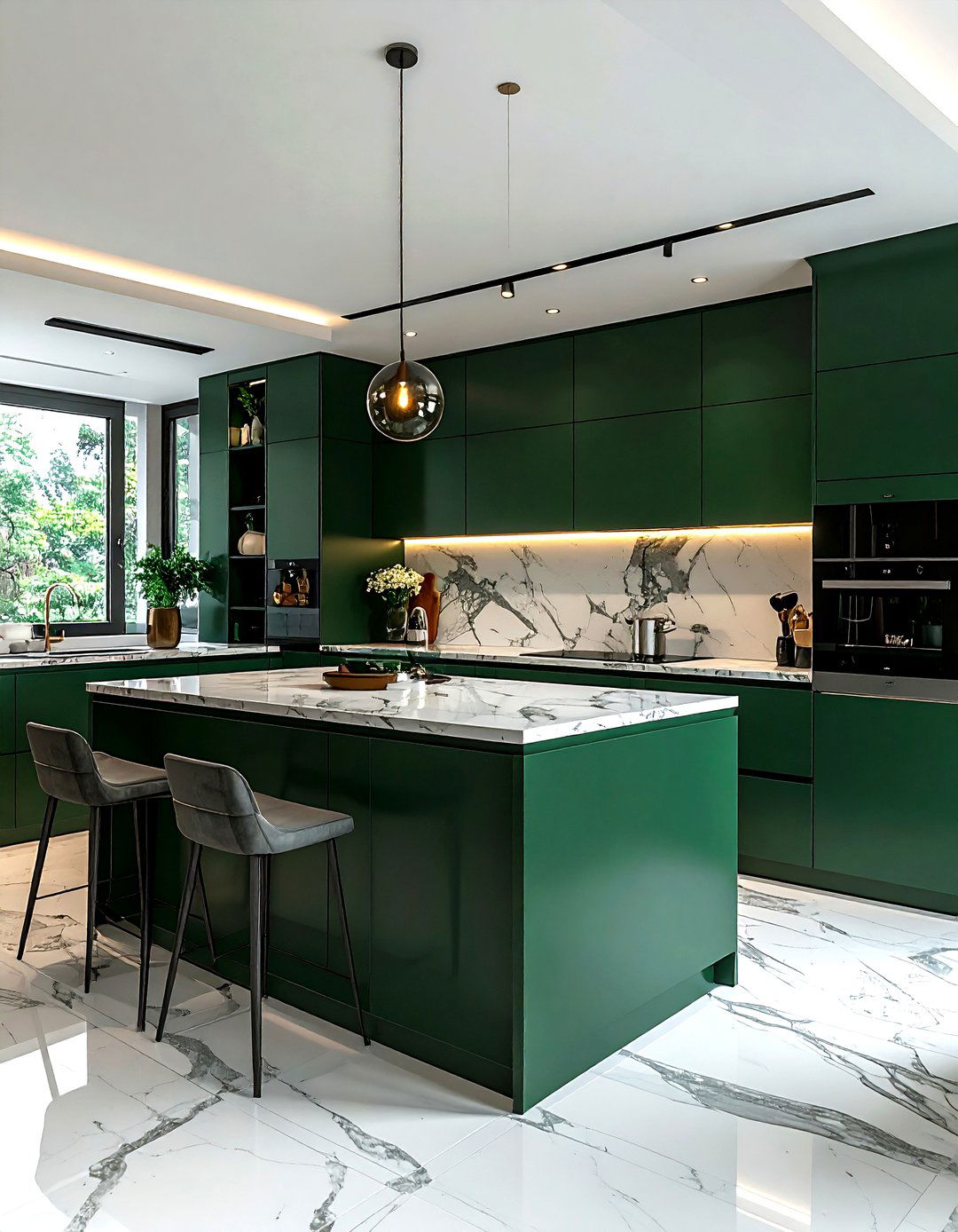 Dark emerald green kitchen with marble countertops - 30 emerald kitchen ideas
