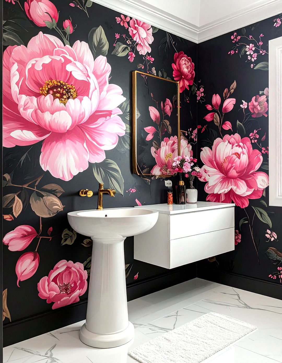 Dark floral wallpaper - 30 small powder room ideas