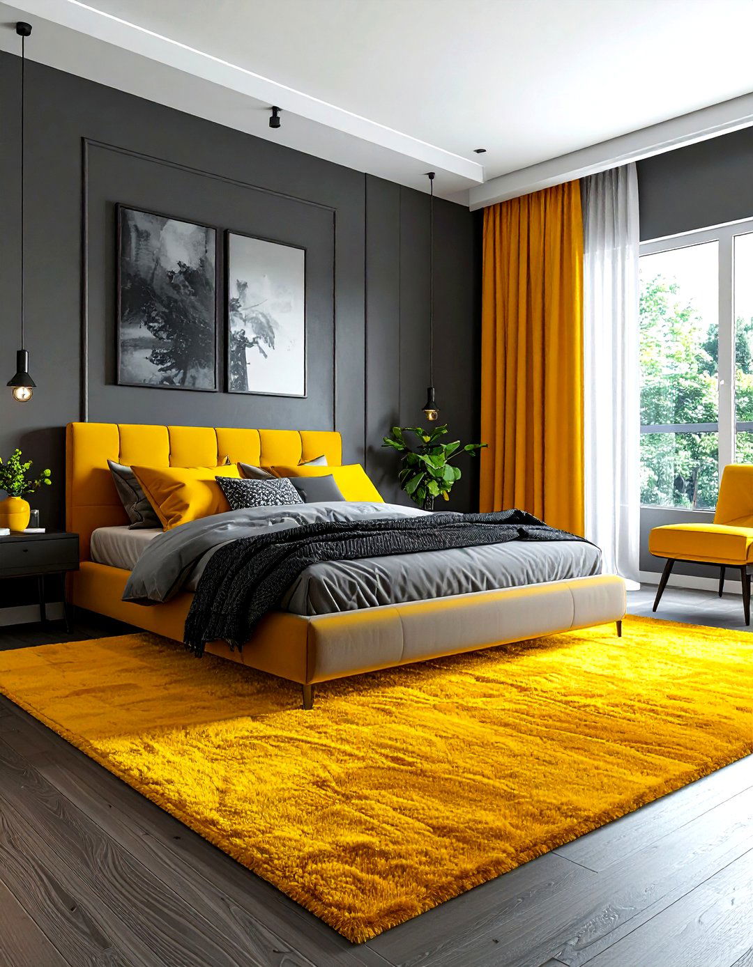 Dark gray and bright yellow bedroom - 30 gray and yellow bedroom ideas