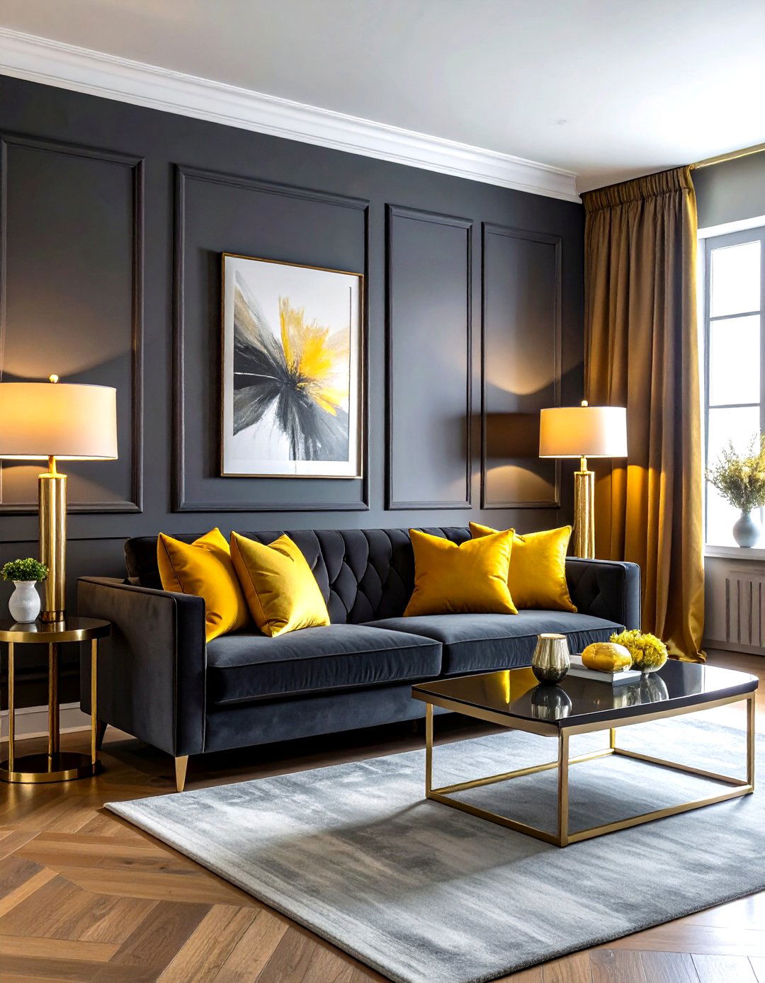 Dark gray and gold yellow interior - 30 gray and yellow living room ideas
