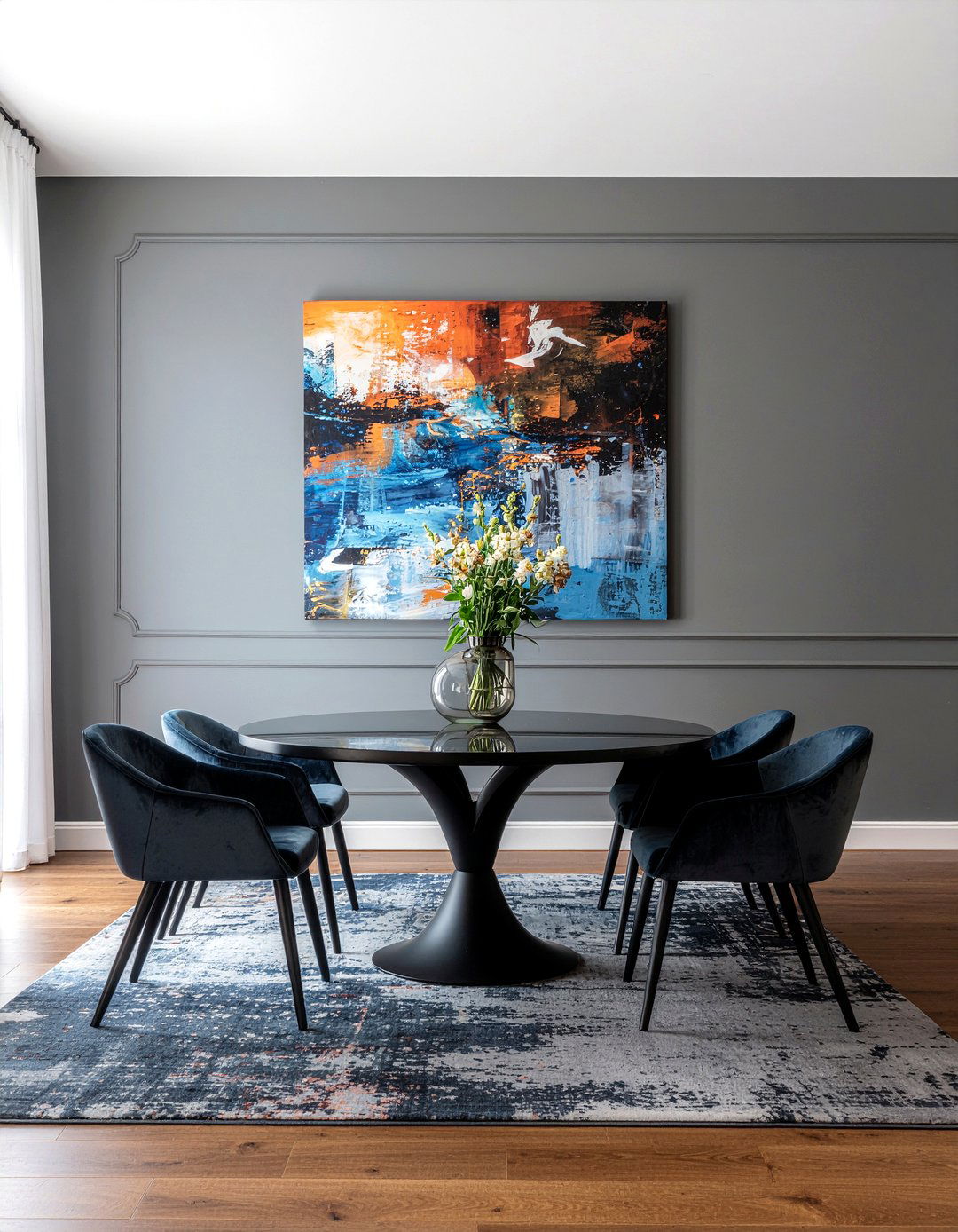 Dark gray dining room colorful art - 30 dark gray dining room ideas