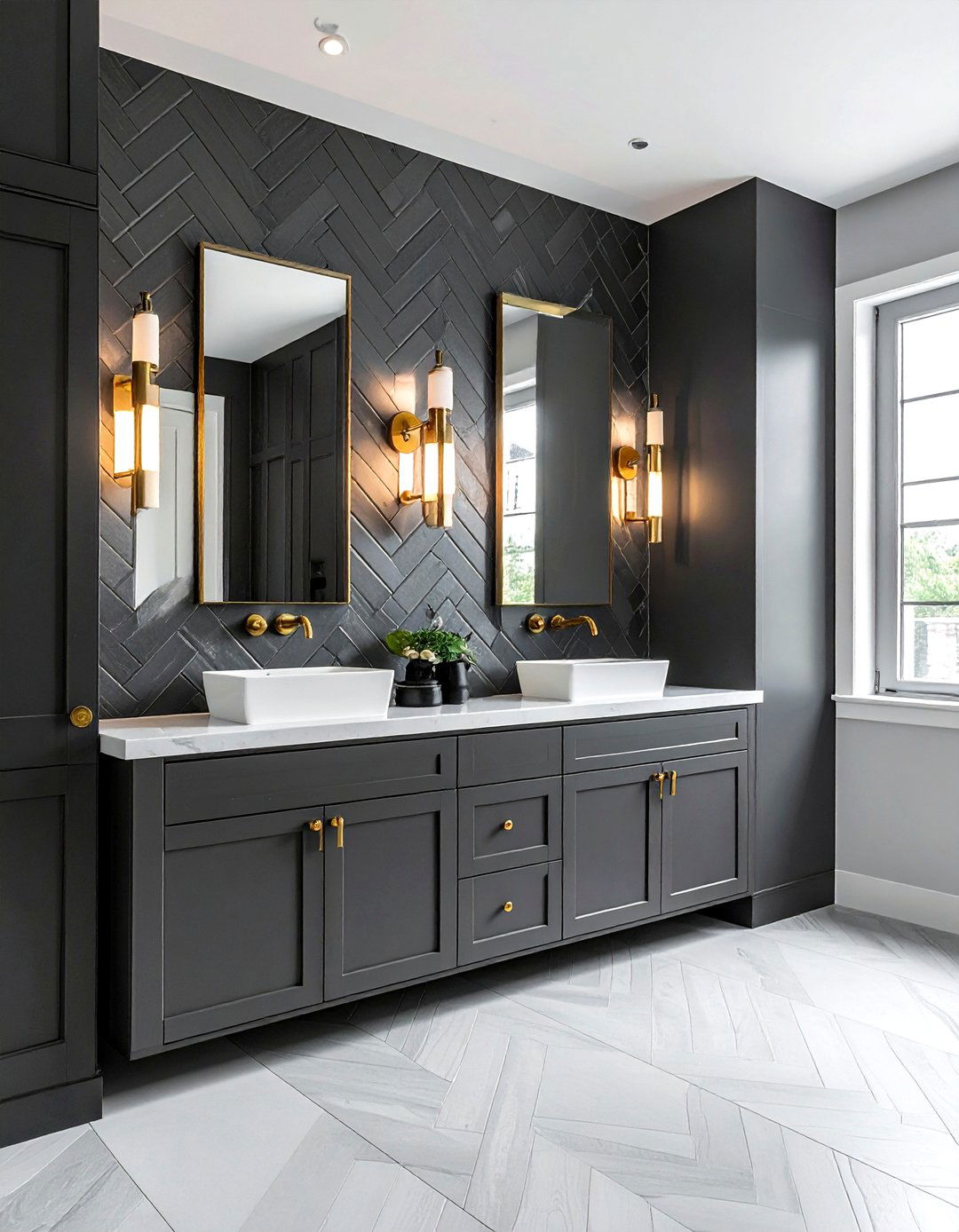Dark gray herringbone tile - 30 dark gray bathroom ideas