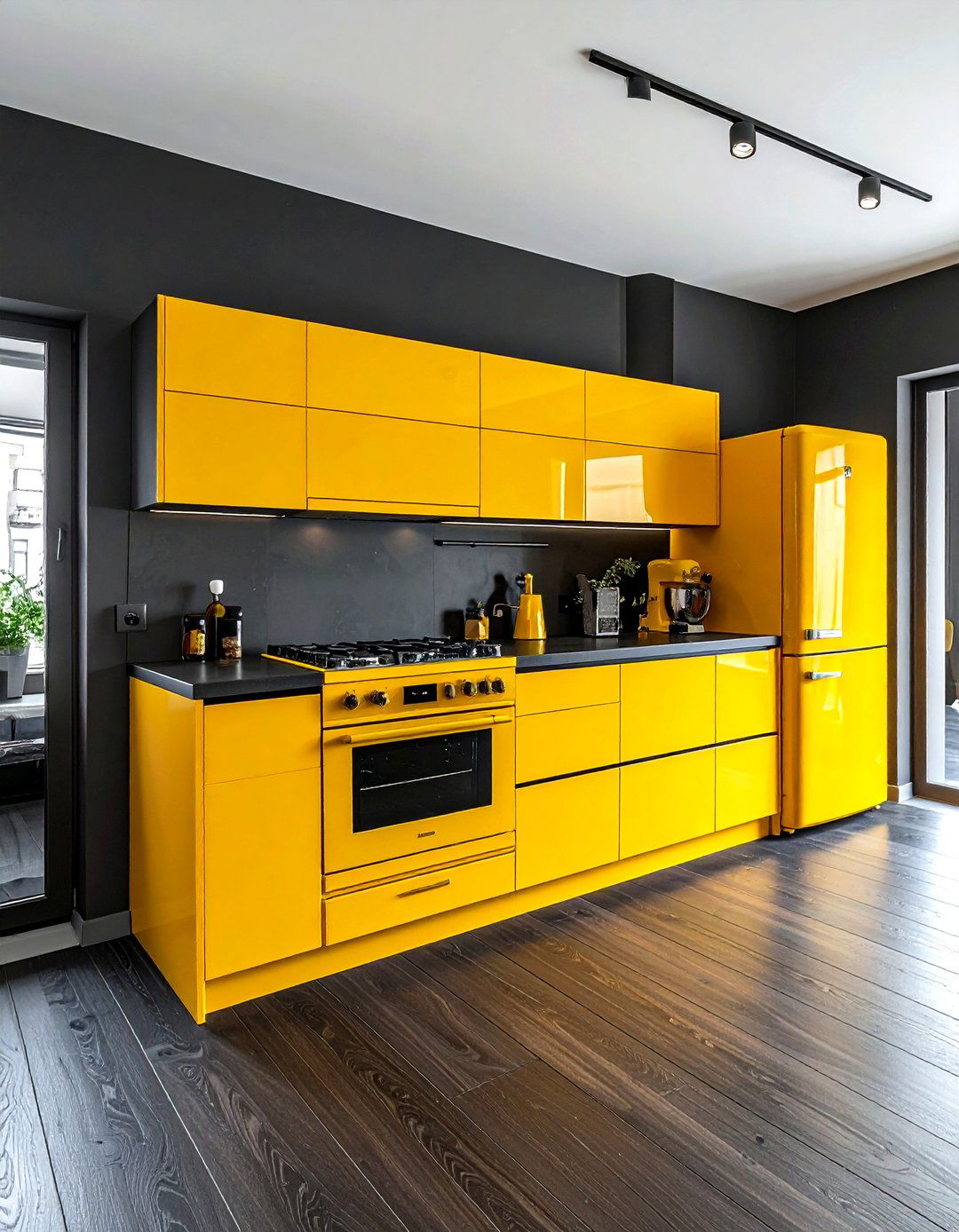 Dark gray kitchen with bright yellow appliances - 30 gray and yellow kitchen ideas