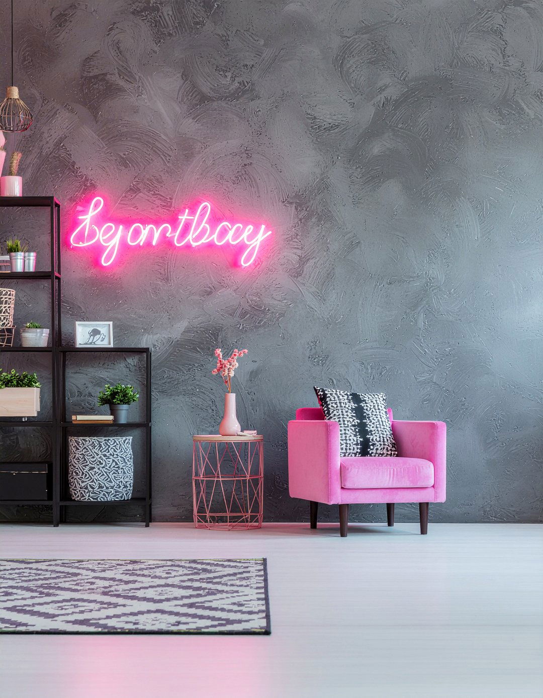 Dark gray walls neon pink accents - 30 pink and gray living room ideas