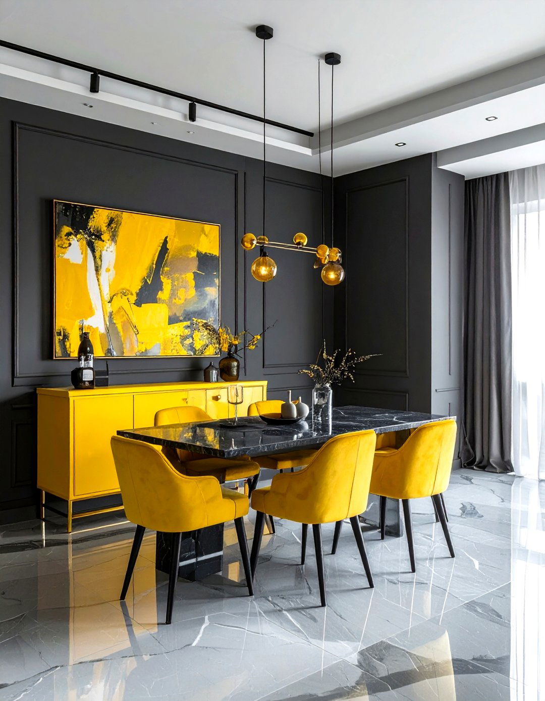 Dark gray walls yellow accents - 30 gray and yellow dining room ideas