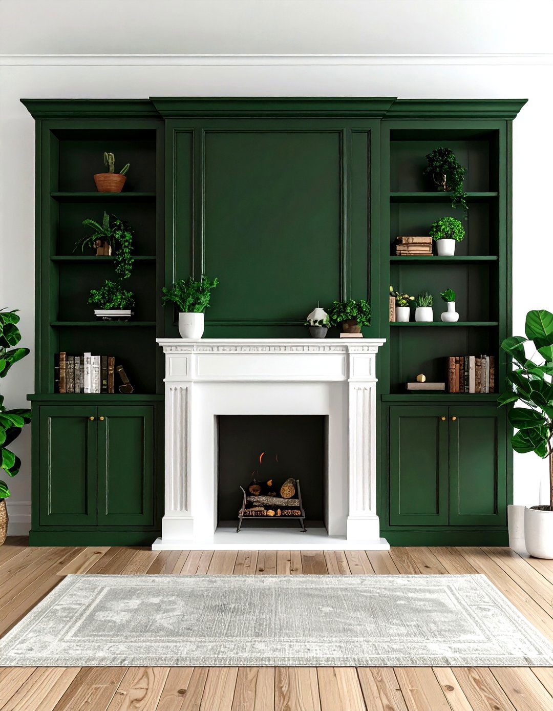 Dark green built in cabinets - 30 farmhouse green living room ideas