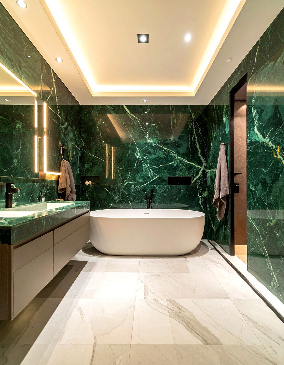 Dark green marble slab walls - 30 green marble bathroom ideas