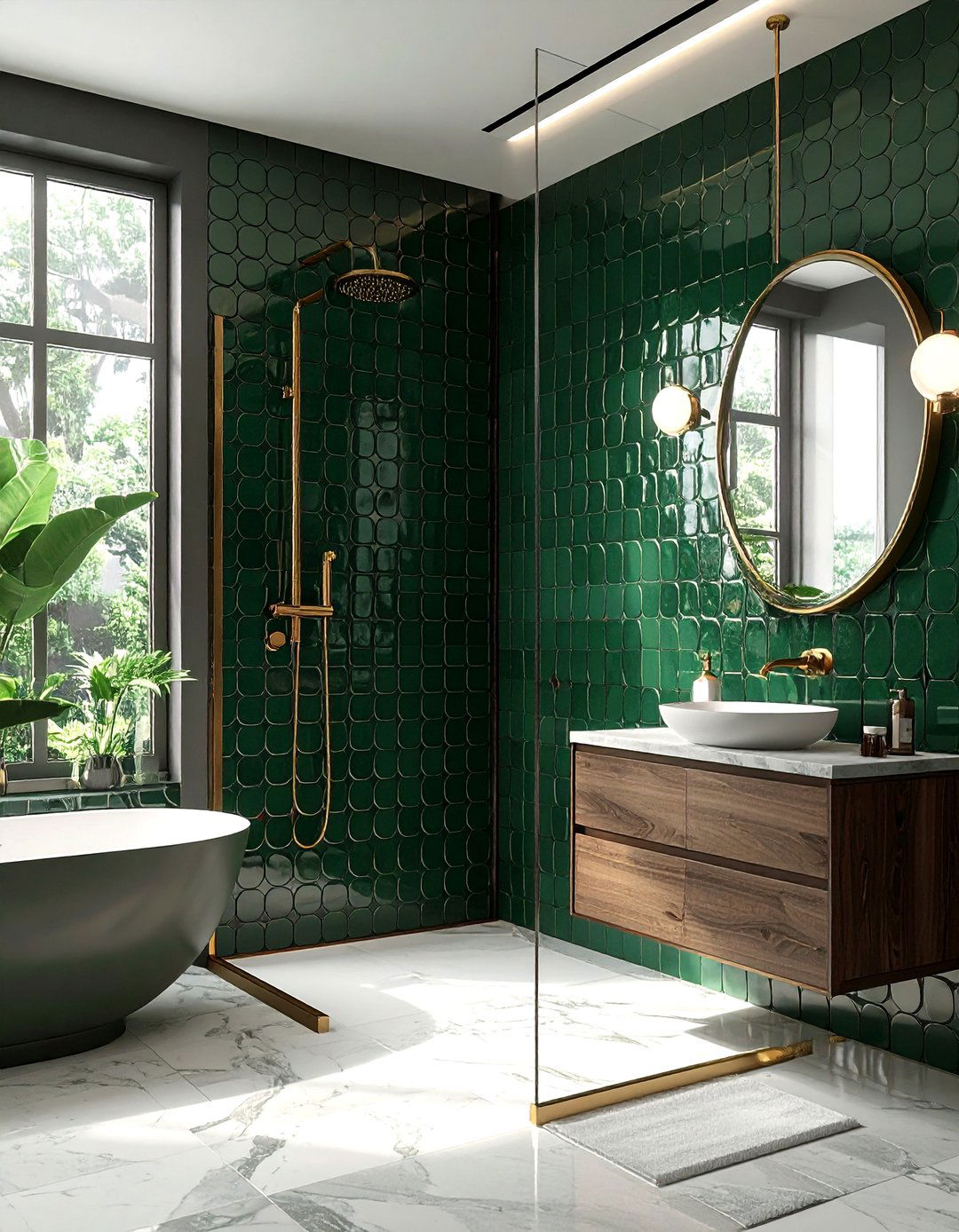 Dark green penny tile shower - 30 penny round tile bathroom ideas