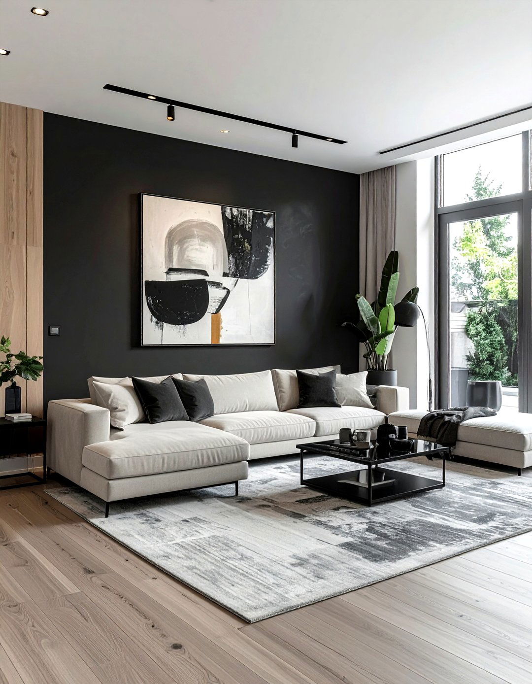 Dark grey accent wall - 30 grey living room decor ideas