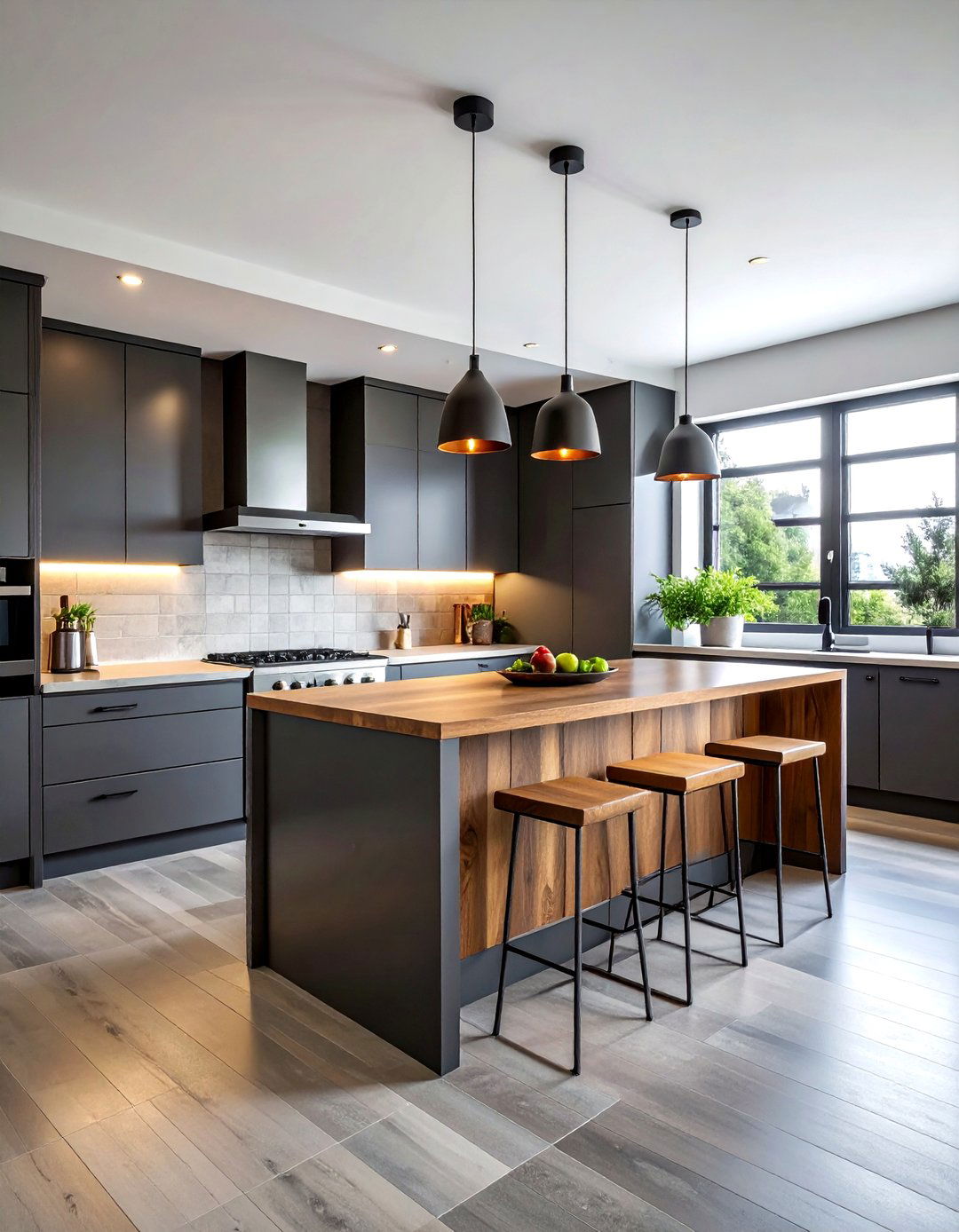 Dark grey and wood kitchen - 30 two-tone cabinet kitchen ideas
